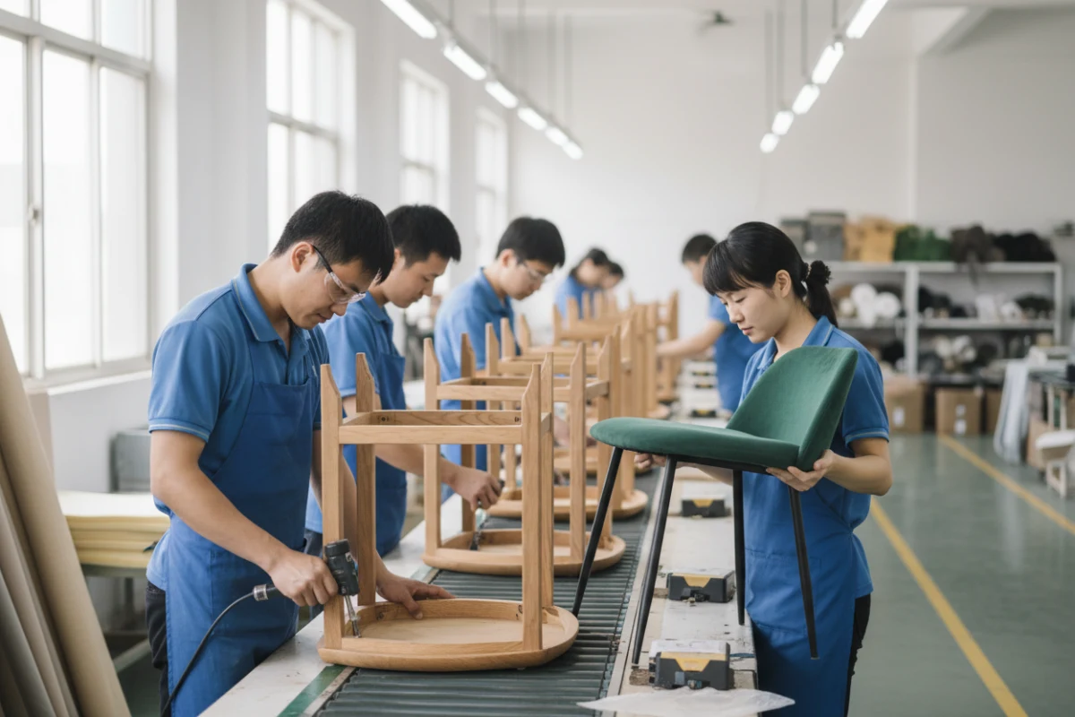 Assembling wooden dining chairs on an organized factory line in China.