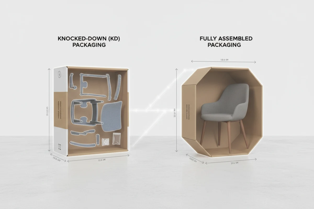 Comparison of knocked-down (KD) and fully assembled wholesale dining chairs packaging.
