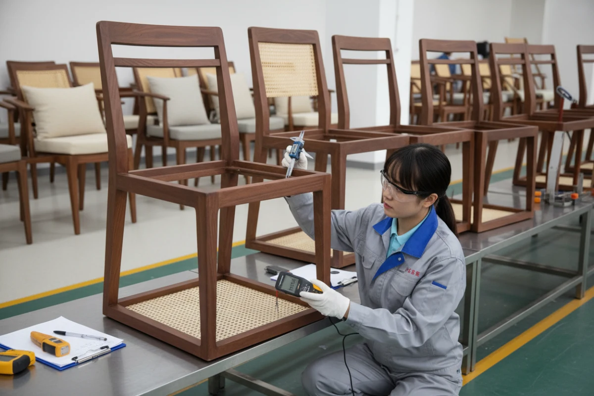 Quality control inspection using a furniture manufacturer audit checklist.
