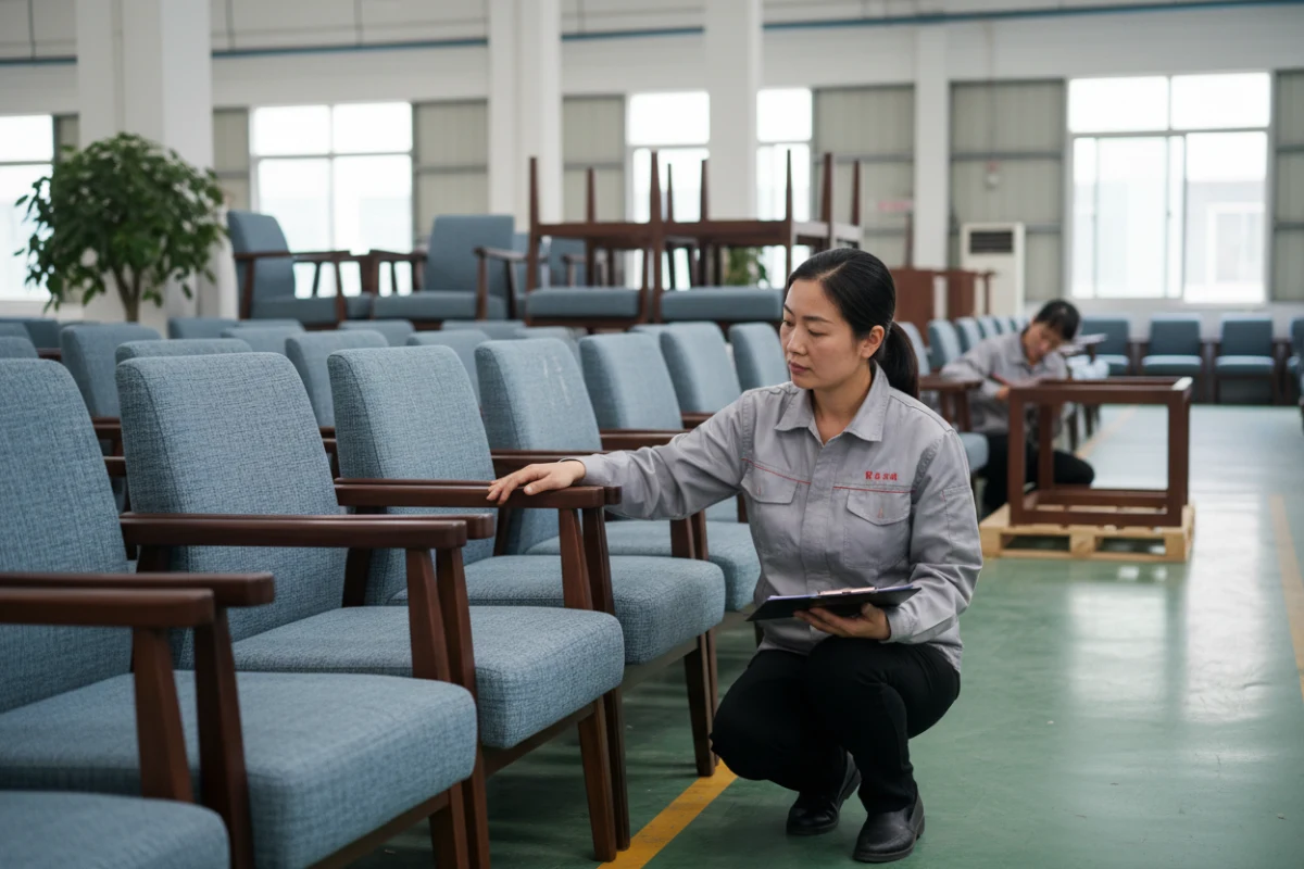 QA team checking batch consistency at a contract furniture manufacturer China.