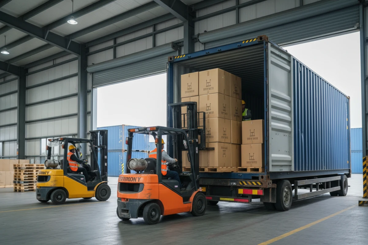 Secure FCL container loading at a China dining chair supplier warehouse.