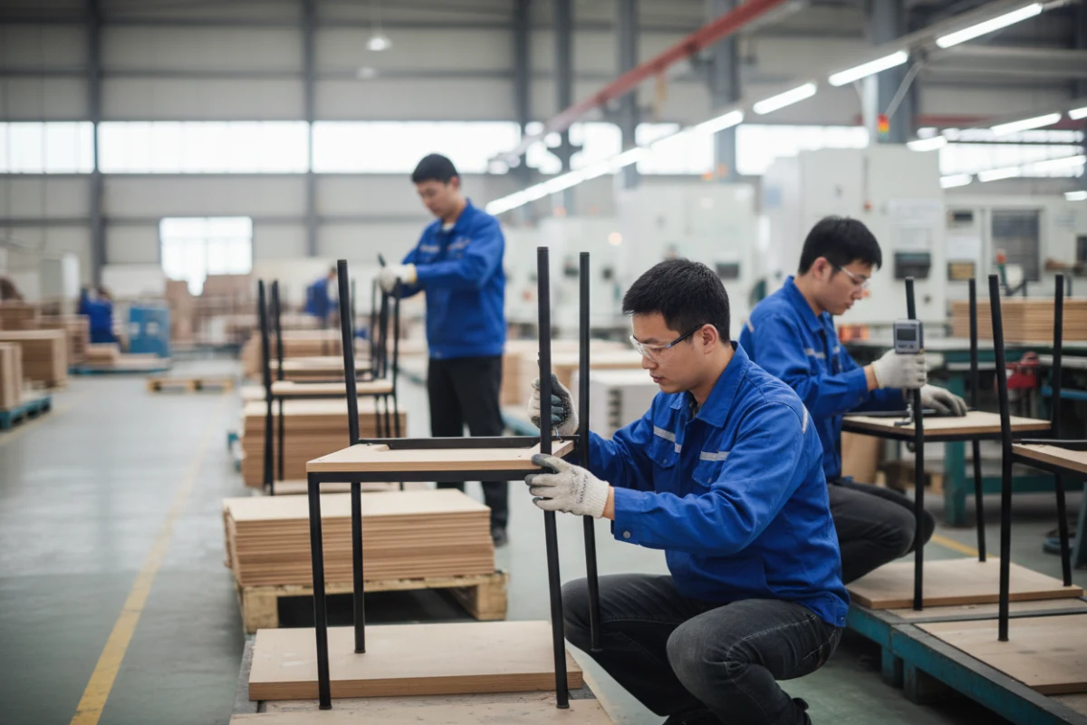Factory worker inspecting the frame and joints of a dining chair during quality control.