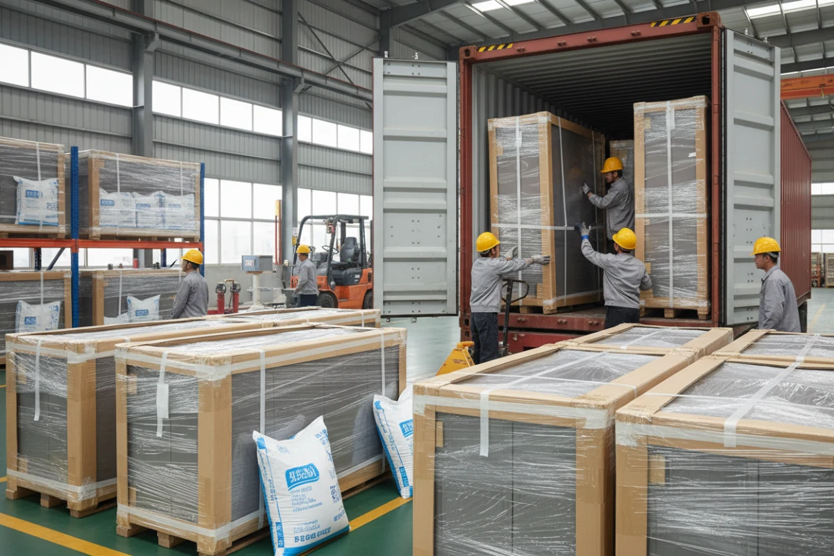 Workers packing hotel furniture for shipping to Europe with moisture protection.