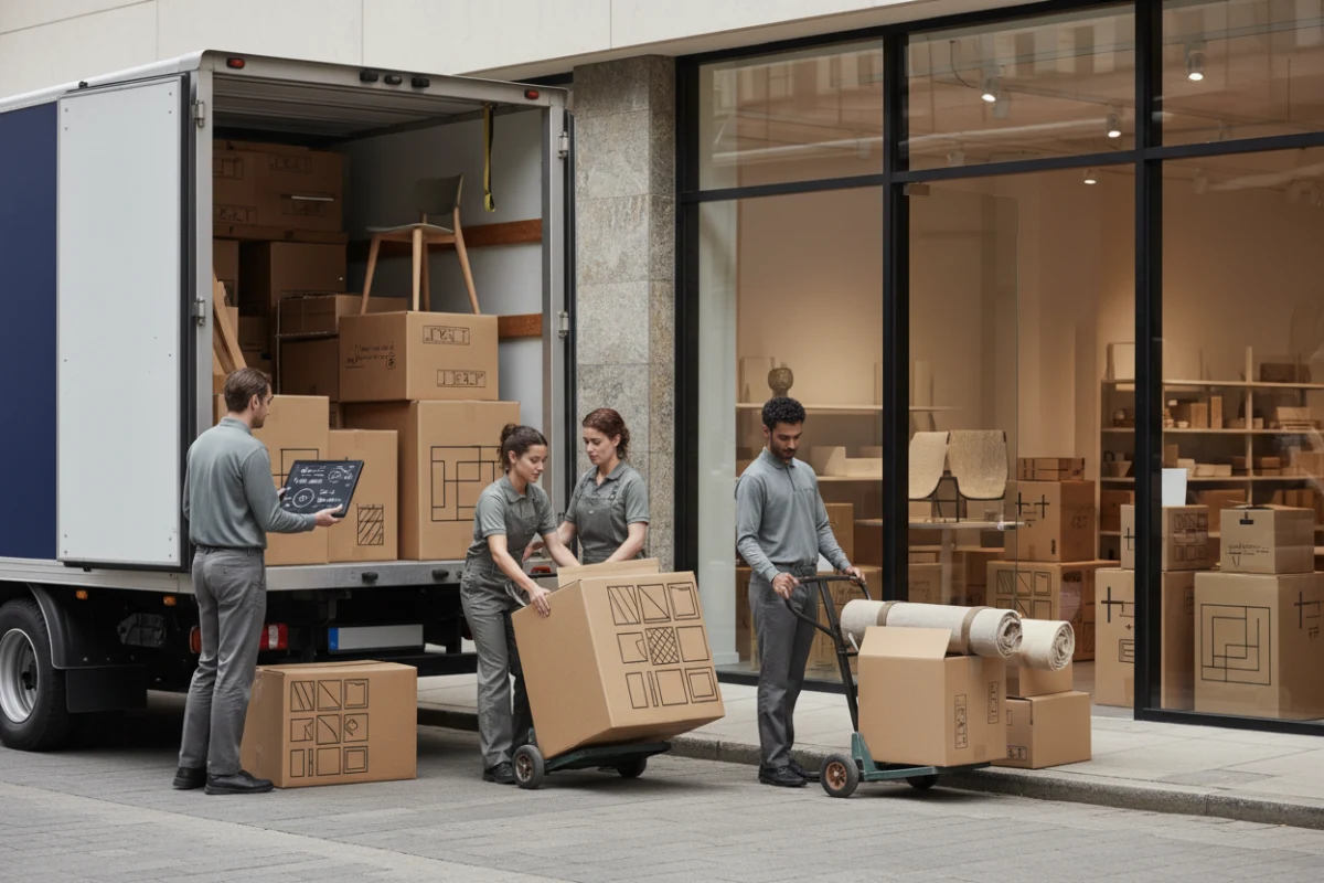 Wholesale furniture delivery arriving at a retail store.