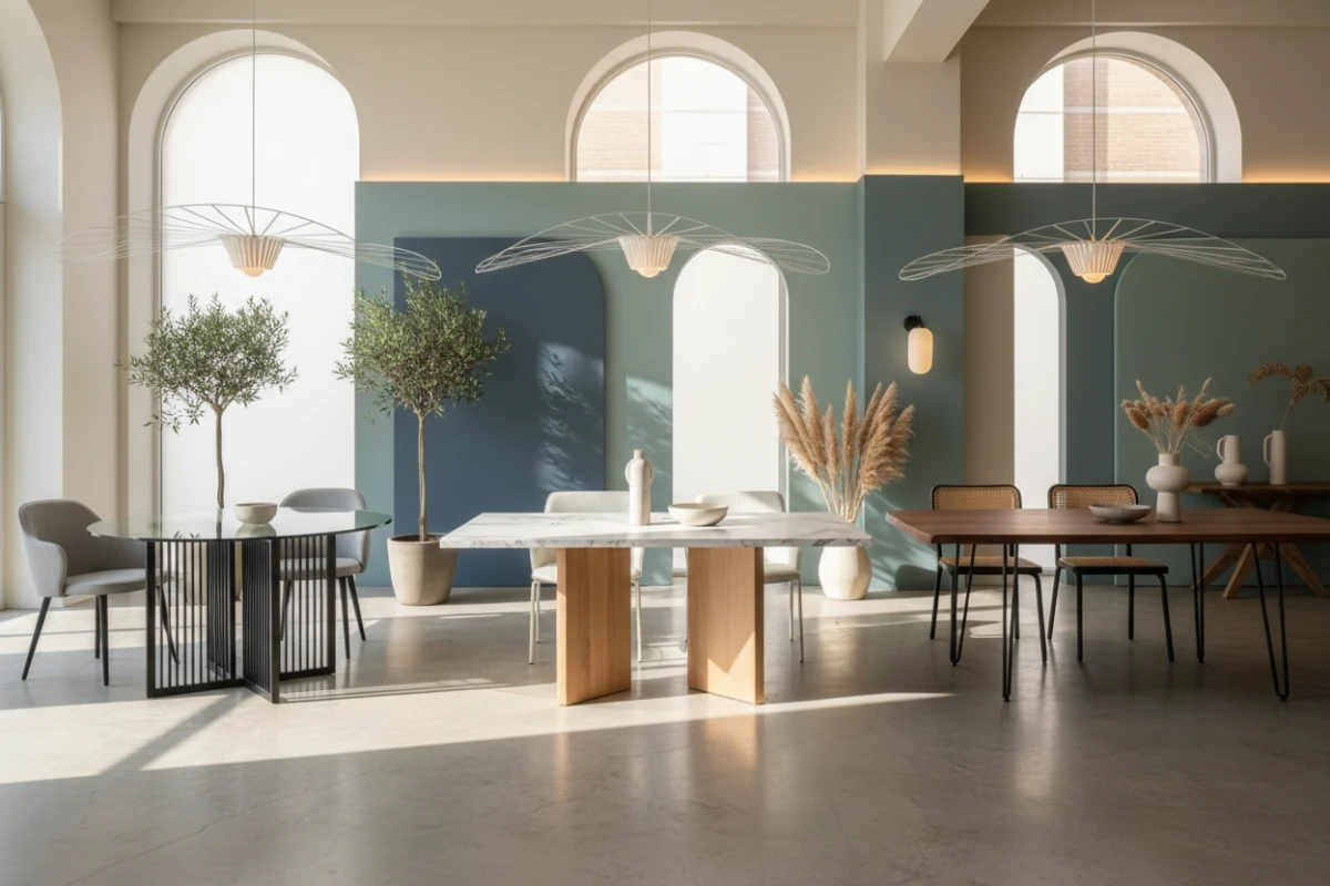Modern dining tables made of different materials on display in a showroom.