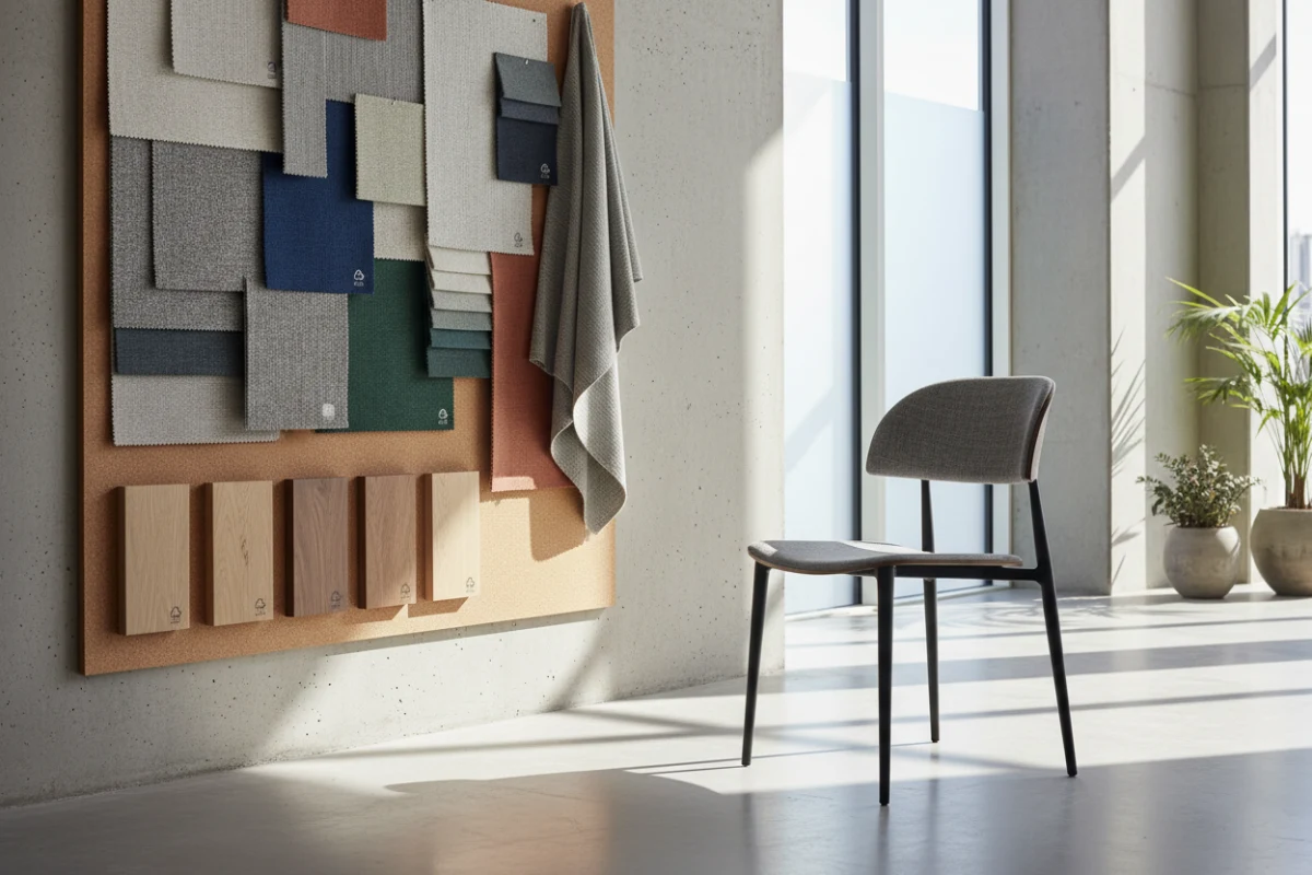 Sourcing materials and modern dining chair on a designer's office desk.