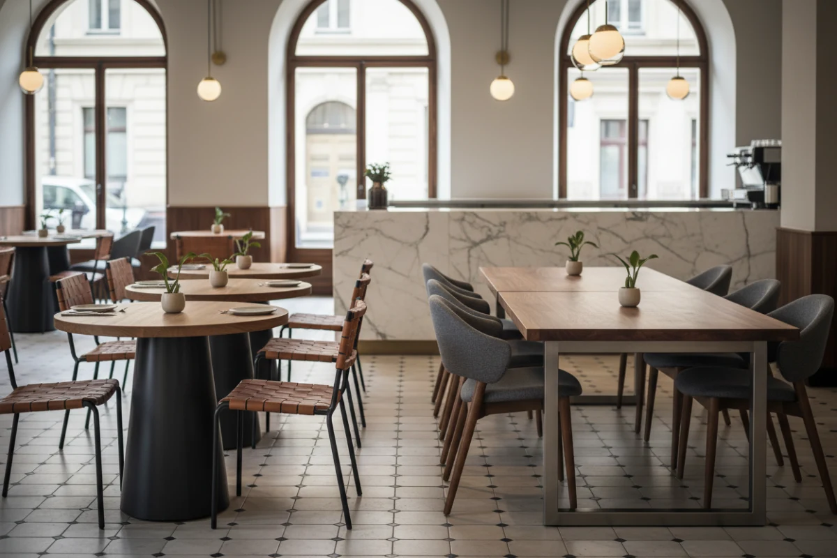 Contract furniture dining tables arranged in a modern hospitality setting.