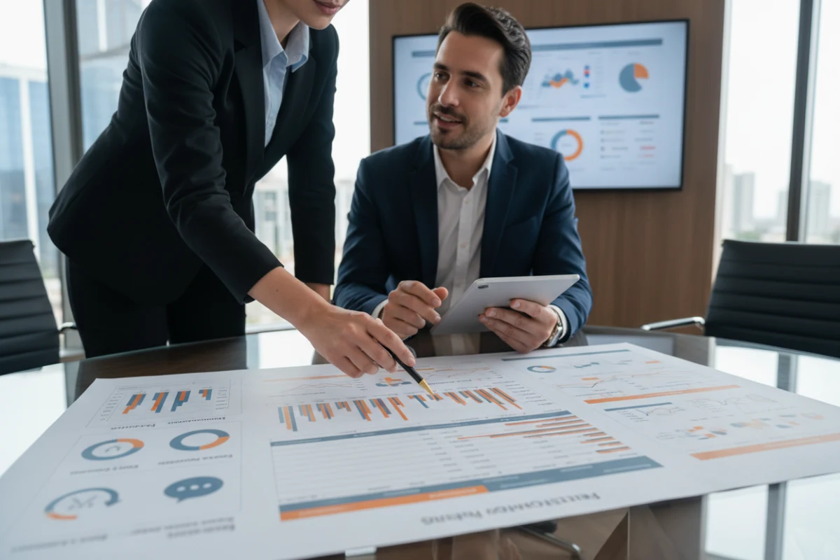 Business professionals comparing wholesale suppliers.