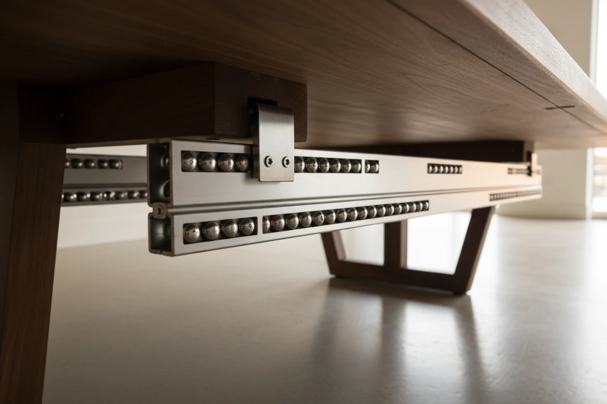 High-durability aluminum extension slide track mechanism under an extendable dining table.
