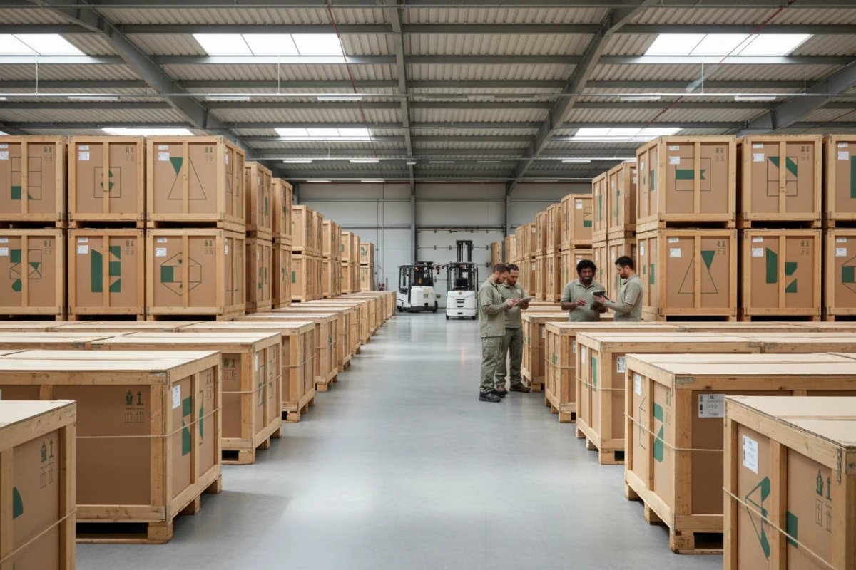 Organized furniture shipping warehouse preparing DDP deliveries across Europe.