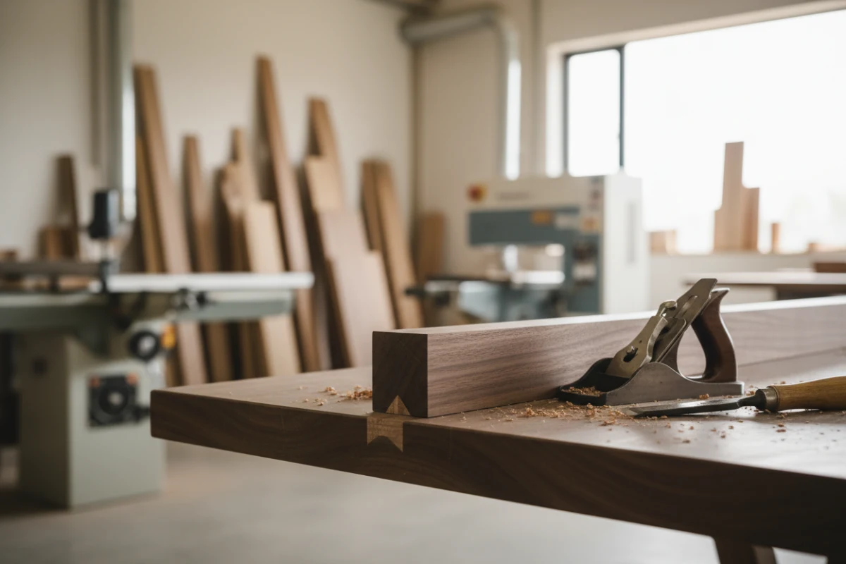 Close-up of premium mortise and tenon joinery on a wholesale dining table.