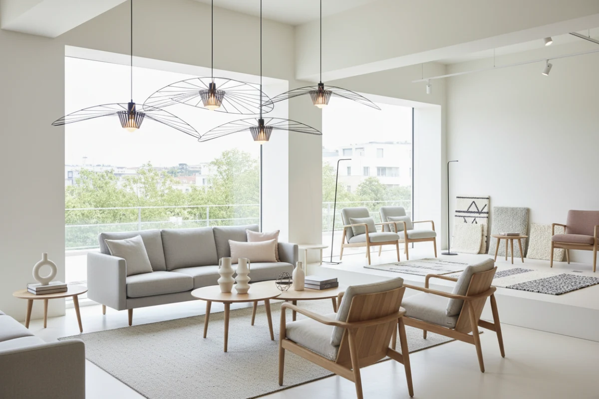 Modern Scandinavian furniture showroom with minimalist chairs and pendant lighting.