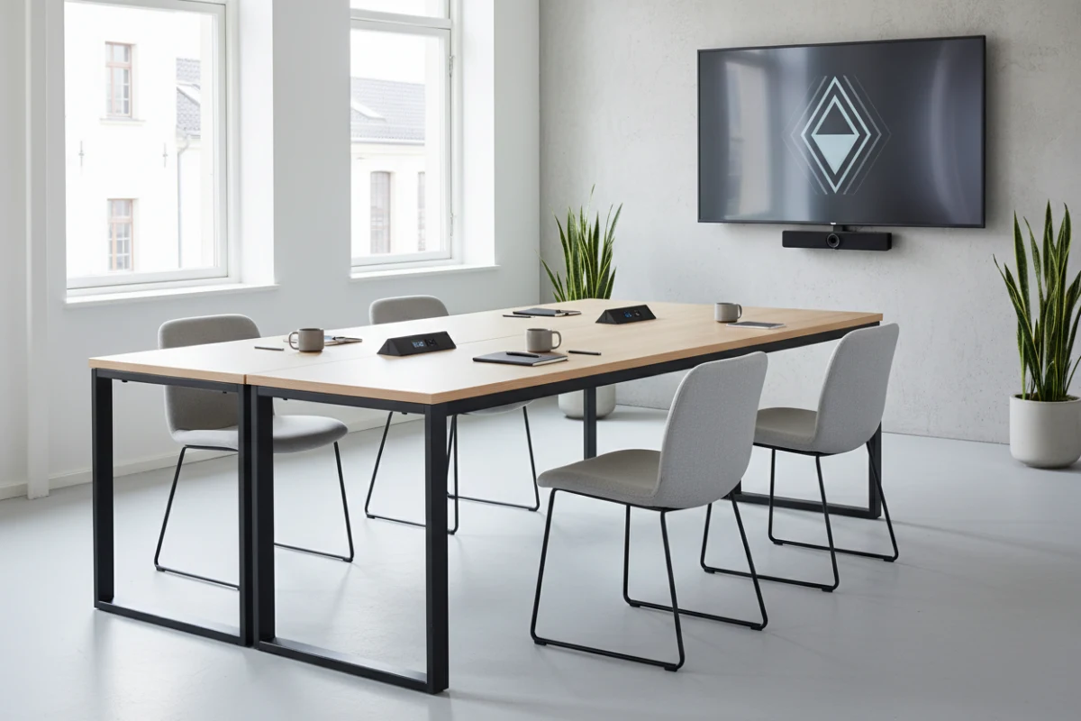 Minimalist multi-functional meeting table in a collaborative office space.