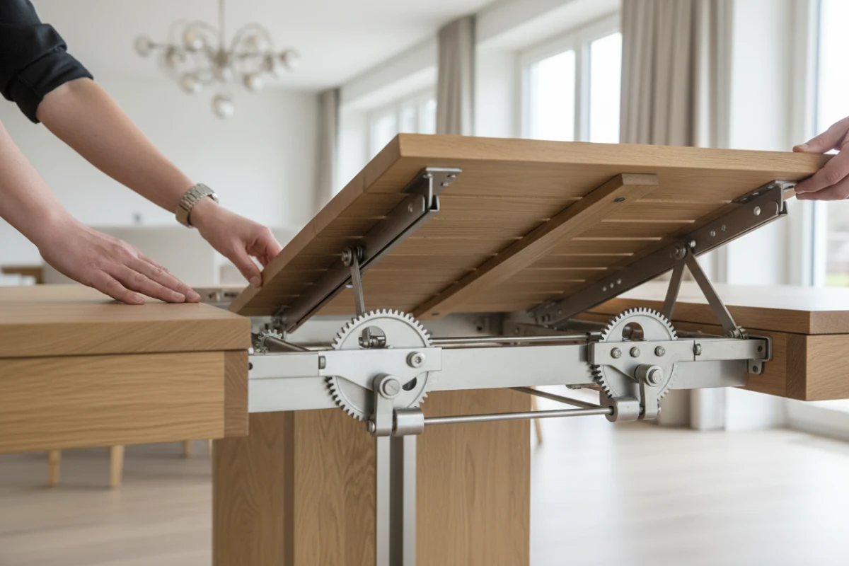 Detail of synchronized extension mechanism on a high-end European dining table.
