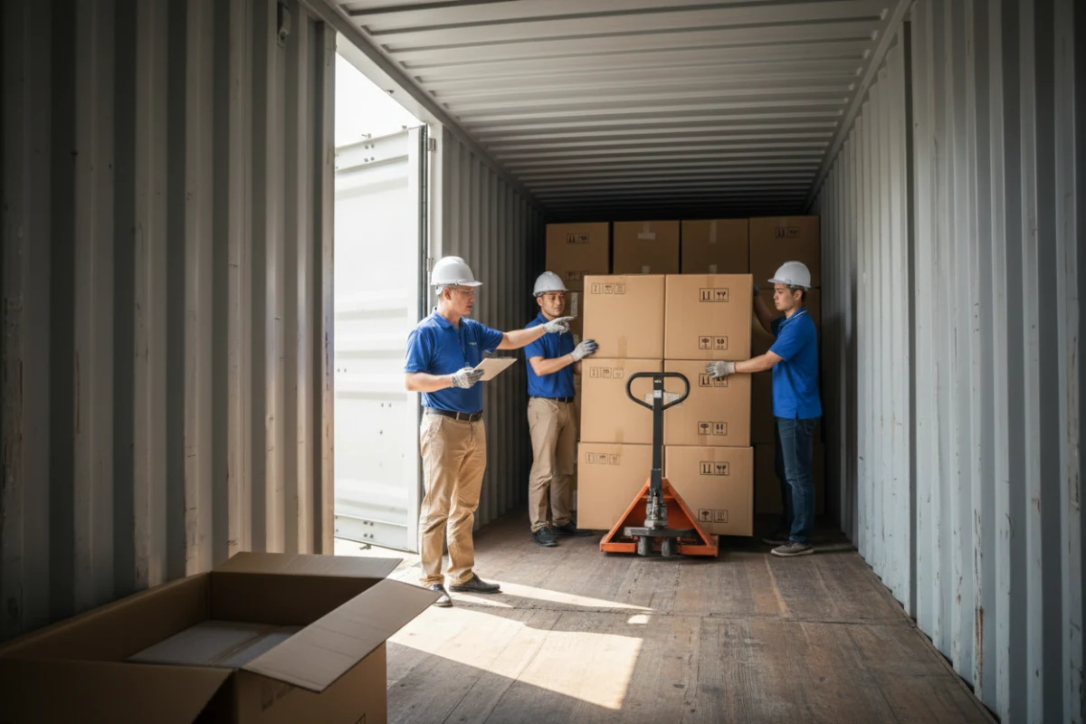 Furniture container loading inspection at a manufacturing facility.