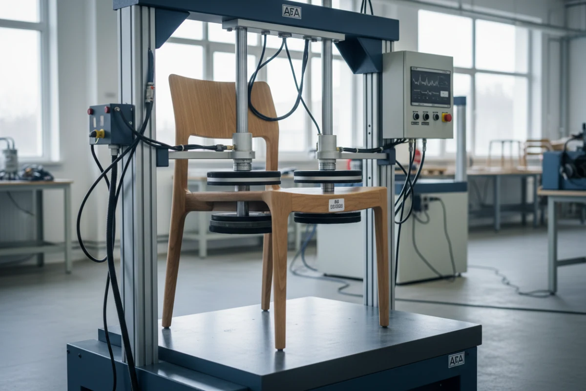 EN 12520 mechanical strength testing of a dining chair in a laboratory.