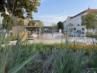 Grüner Blick auf Kinder beim kühlenden Spiel im Sprühregen am Nibelungenplatz