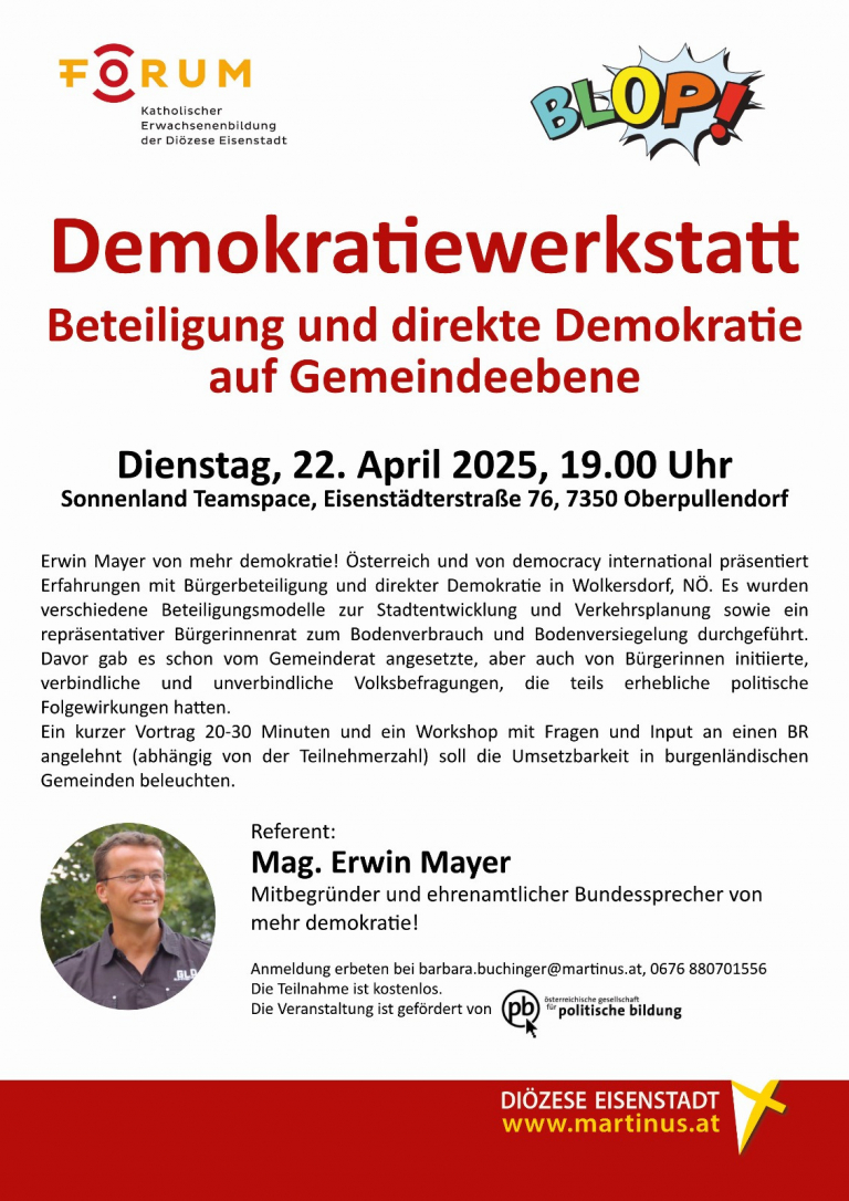 Treffpunkt Demokratiewerkstatt wurde vom Forum für Erwachsenenbildung gemeinsam BLOP! organisiert und veranstaltet