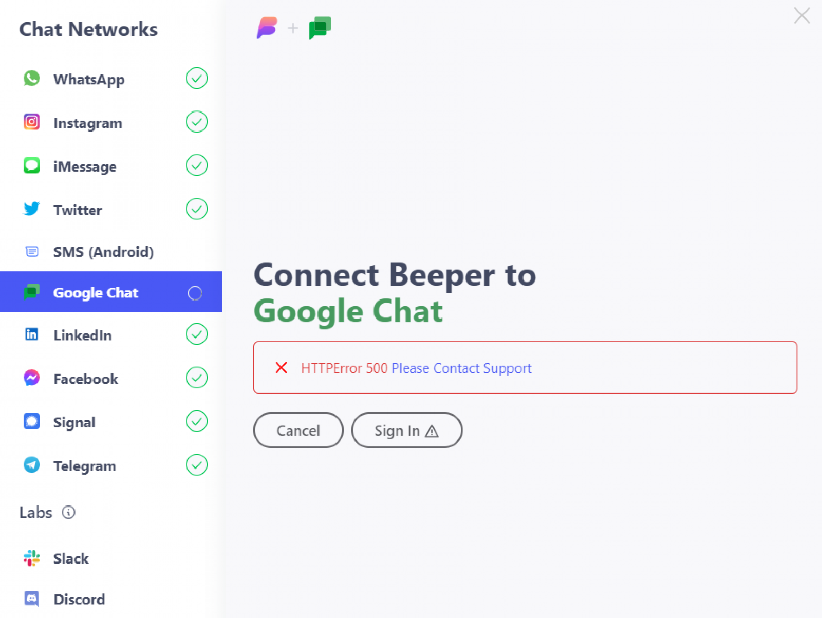 Alles ging recht flott bei der Anbindung, nur Google Chat hat sich geweigert. Kurze Info an den Support, wo man Antwort bekommt