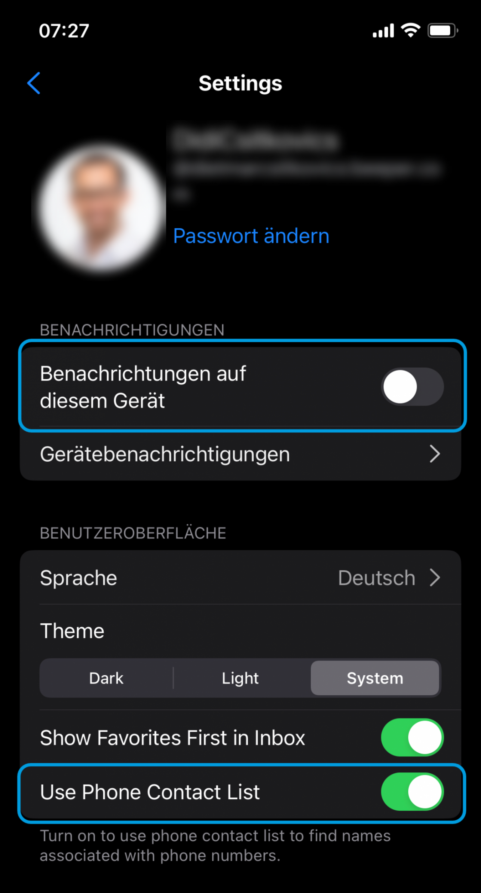 Einstellung für zentrale Benachrichtigung und auch, ob man seine Kontaktliste synchronisieren will
