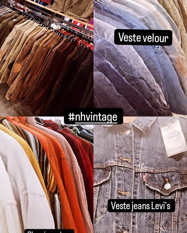 Nouveautés chez NHV Vintage Saint-Saturnin pour l'arrivée du printemps : vestes en jean Levi's, vestes en velours, t-shirts et bananes Carhartt...