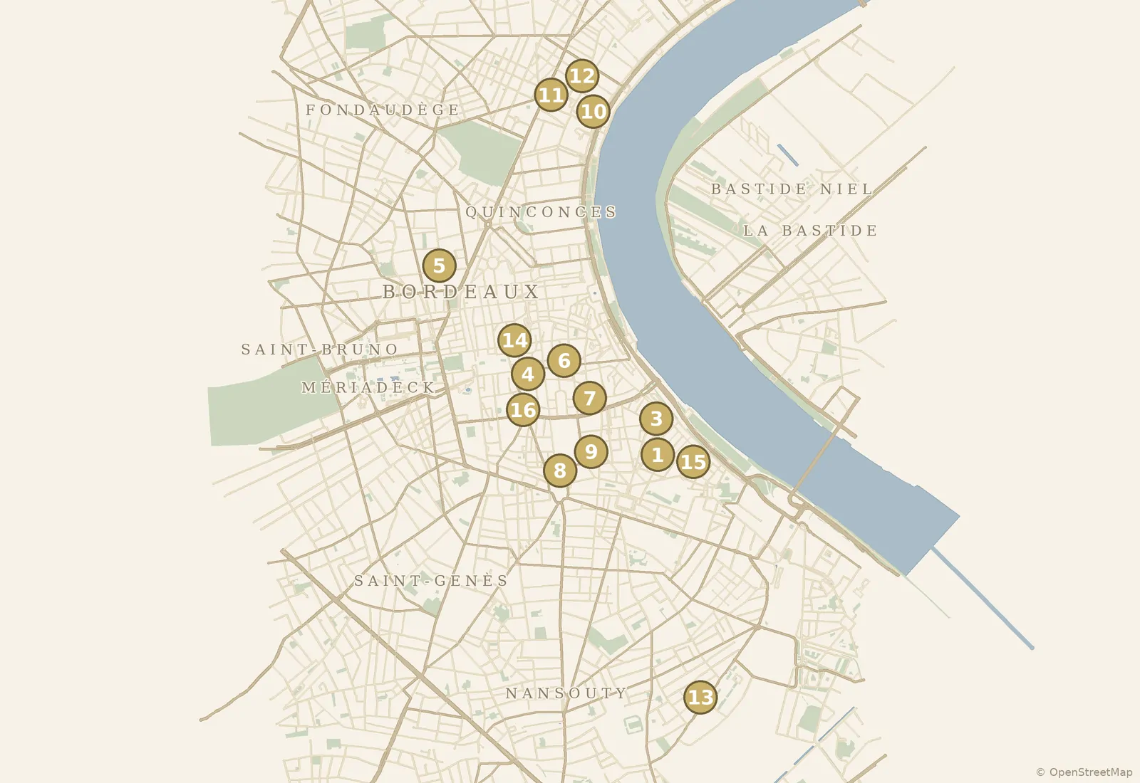 Carte des 16 adresses du guide, numérotées comme la liste ci-dessous.