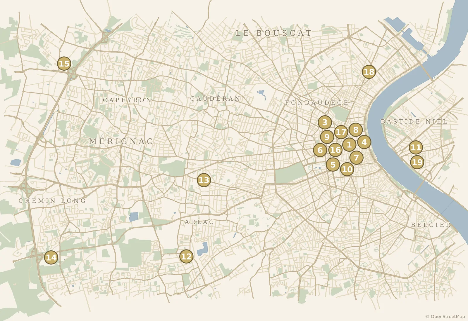 Carte des 19 adresses du guide, numérotées comme la liste ci-dessous.