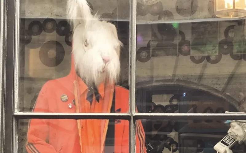 La vitrine de Freep'Show, rue du Loup à Bordeaux : un mannequin à tête de lapin en survêtement orange devant un mur de vinyles