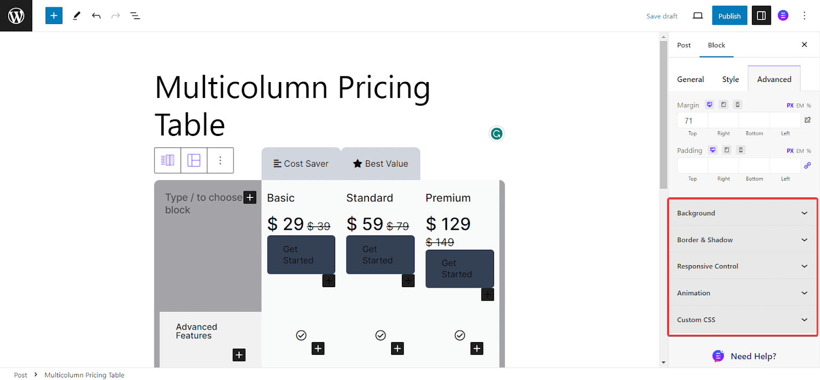 Multicolumn Pricing Table