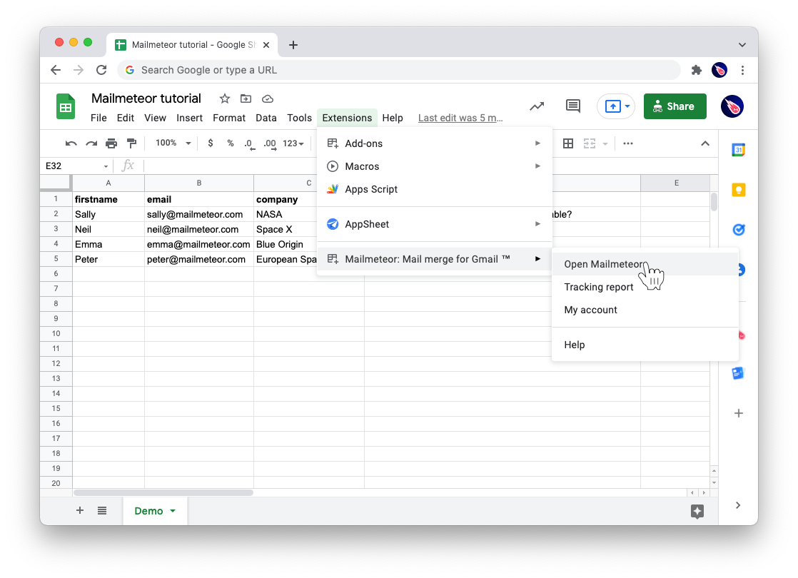 How to open Mailmeteor from Google Sheets