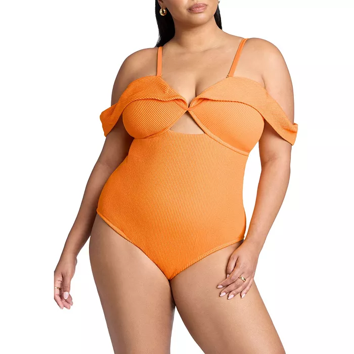Woman in ELOQUII Plus Size Off the Shoulder One-Piece Swimsuit
