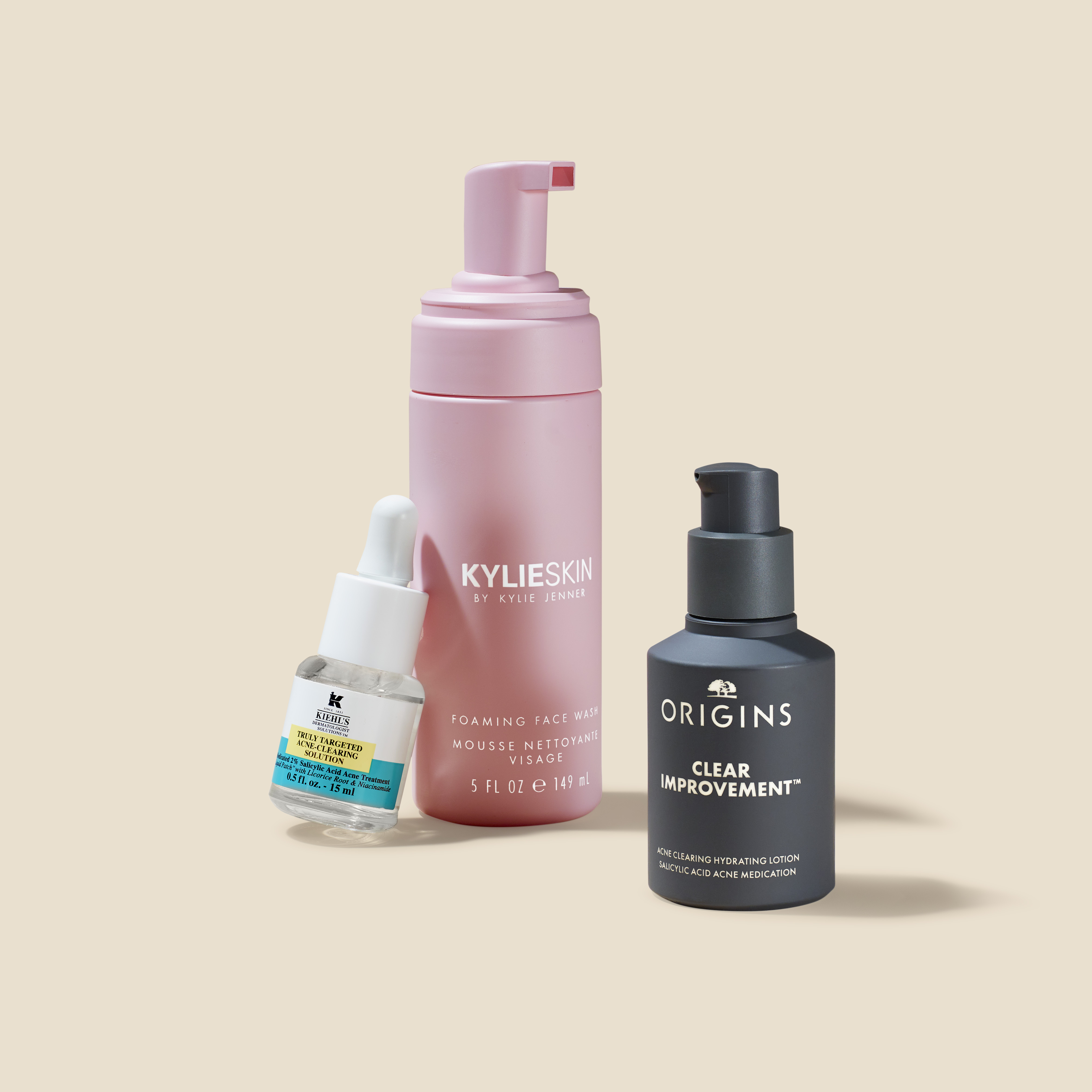 Origins acne clearing hydrating lotion, Kiehl's truly targeted acne-clearing solution, Kylie Skin foaming face wash
    
