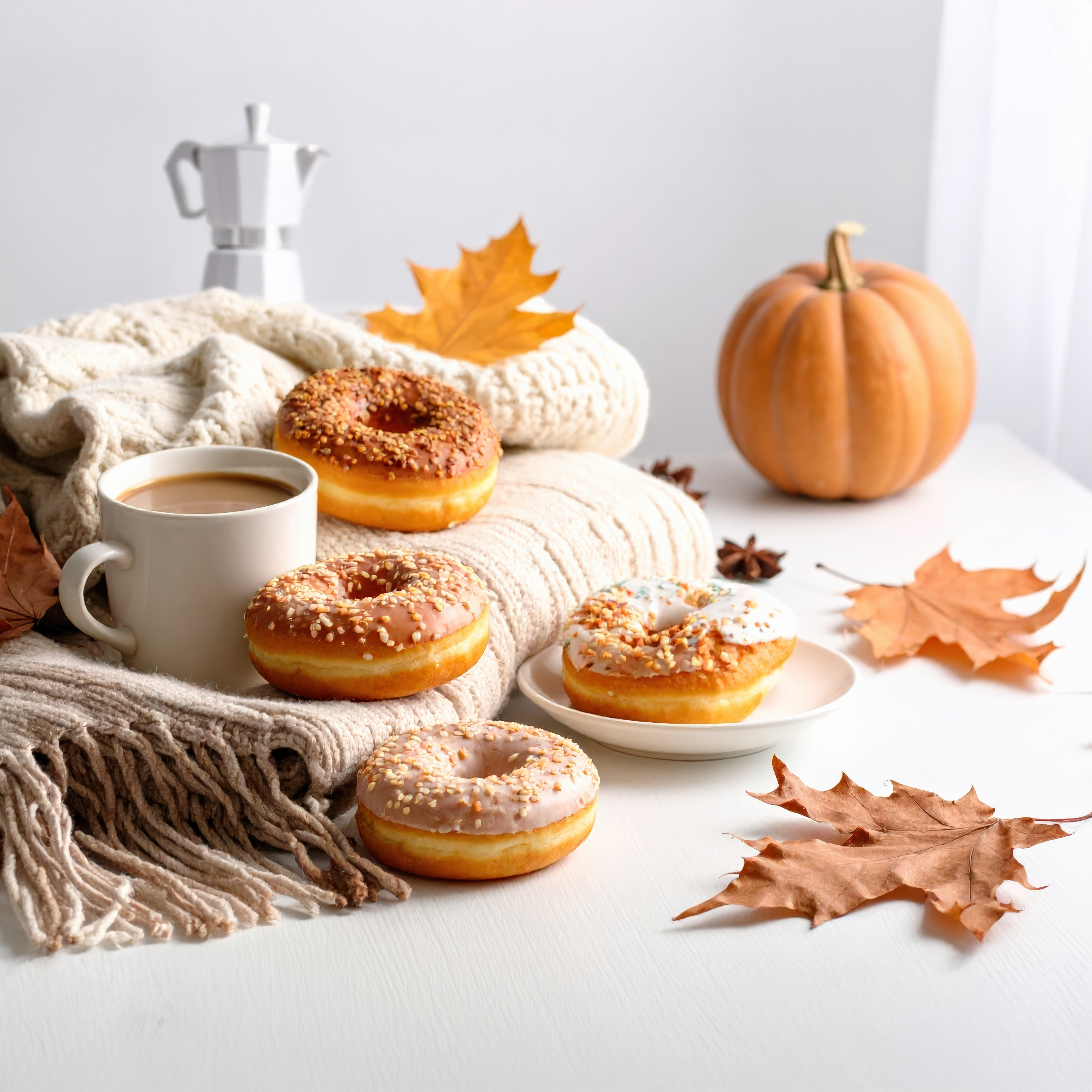 Fall coffee, donuts, and pumpkins