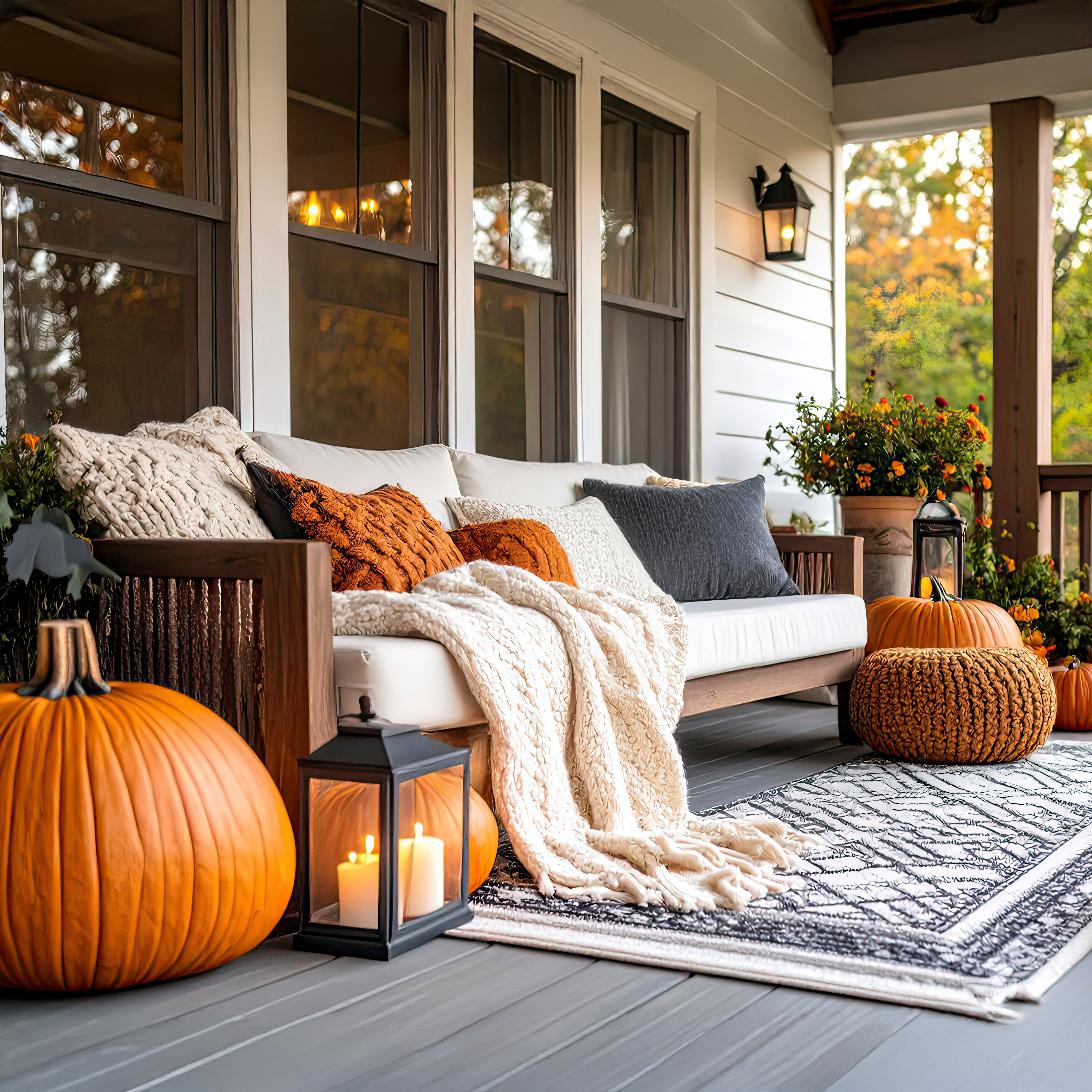 Fall porch with pillows and blankets