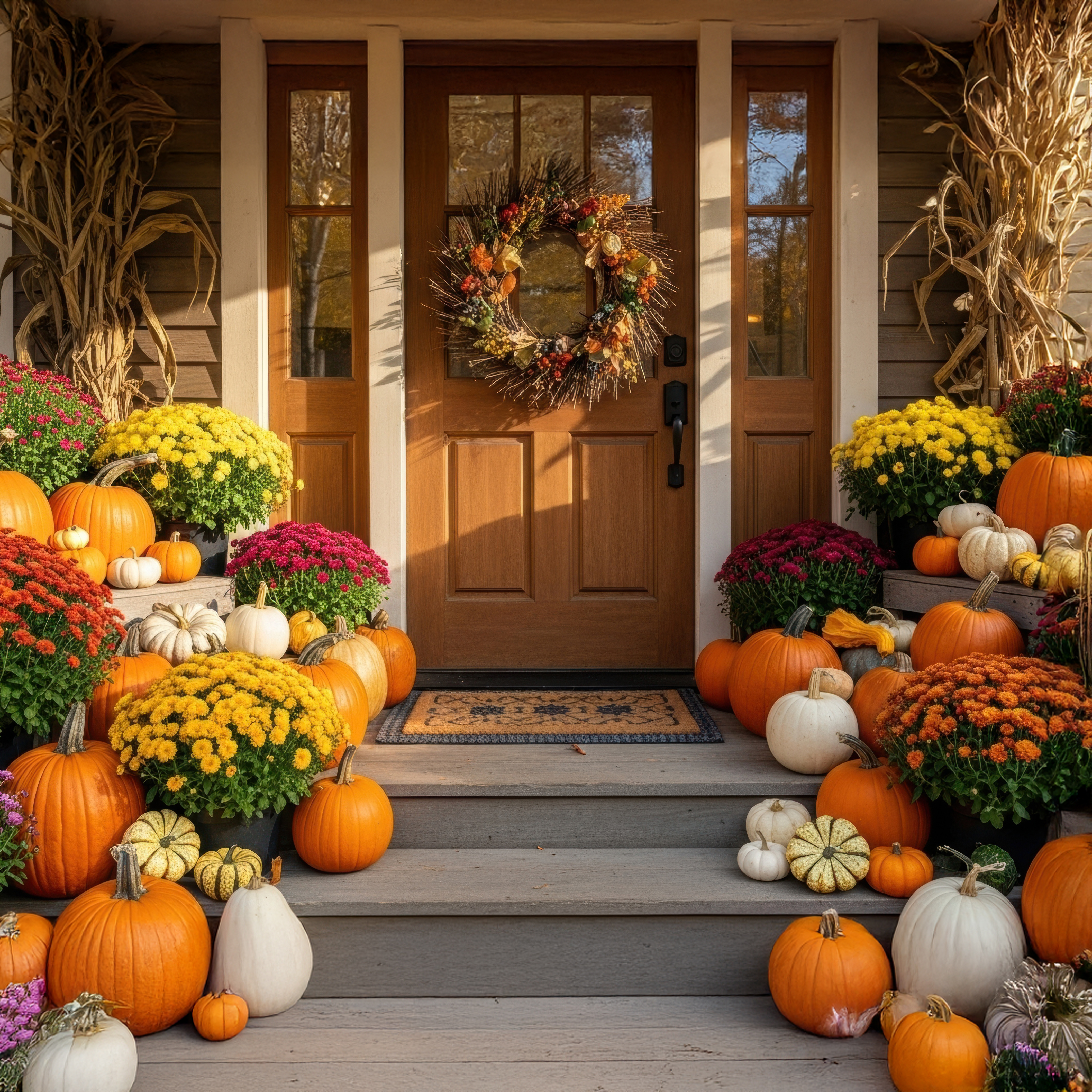 Fall porch with greenery and pumpkins