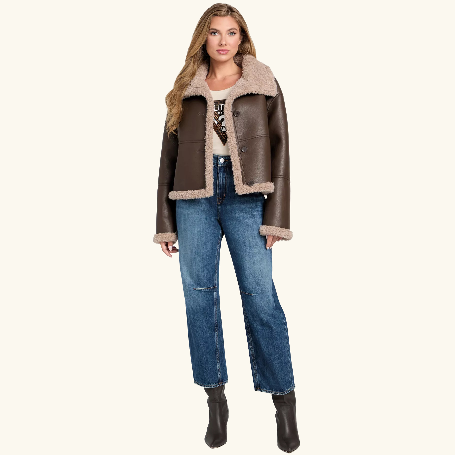 Woman in brown leather and faux fur coat