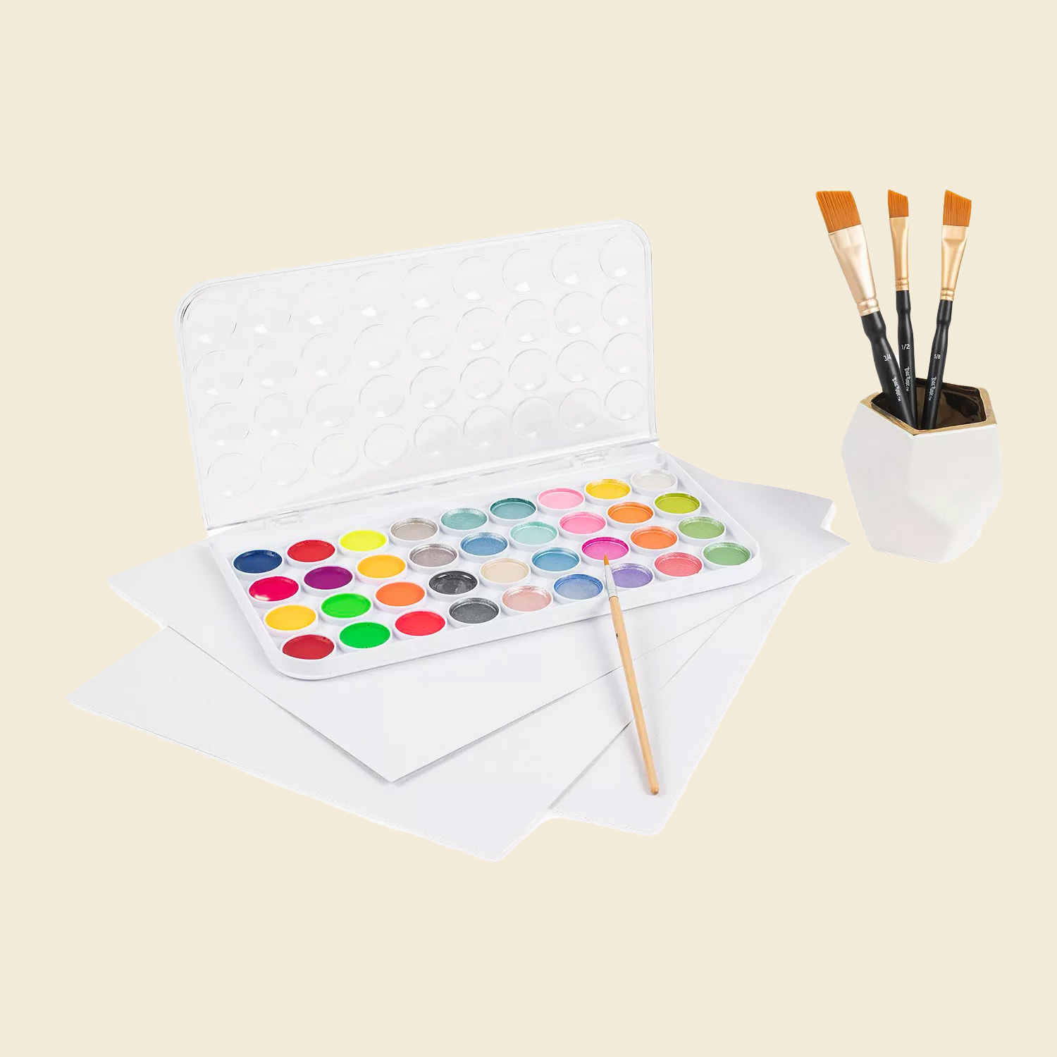 Watercolor paint set and paint brushes