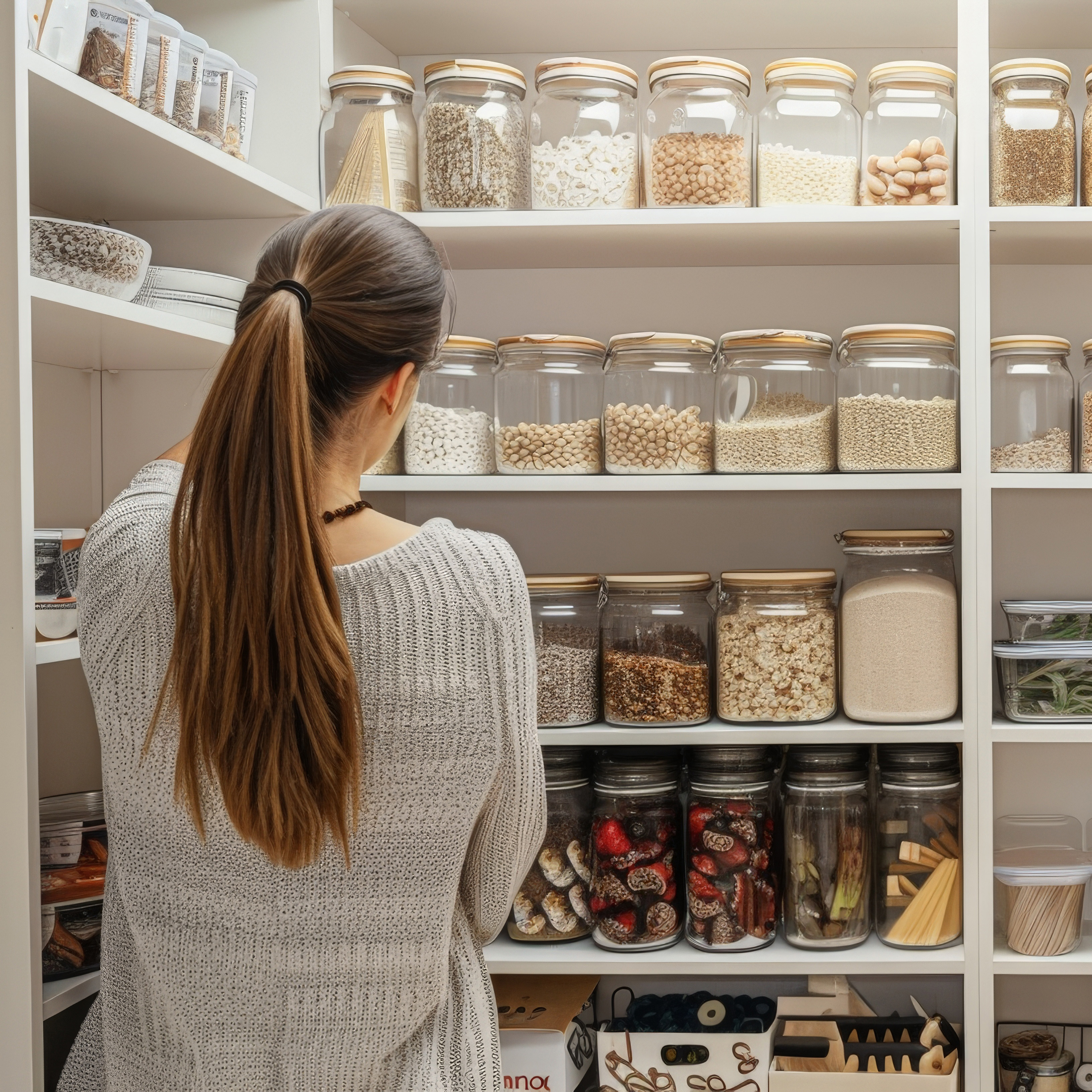 Woman organizing kitchen pantry