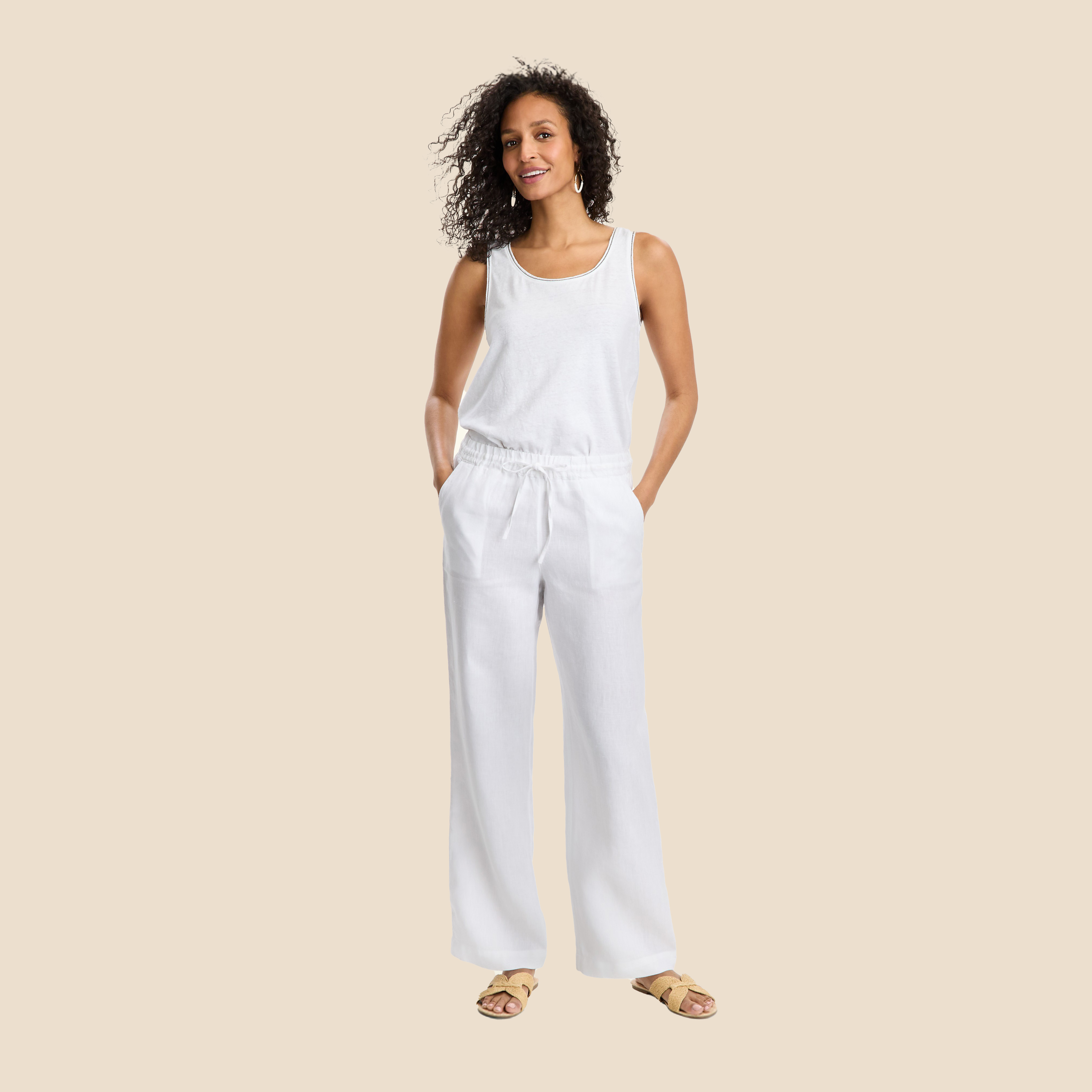 Woman in Memorial Day linen shirt and pants