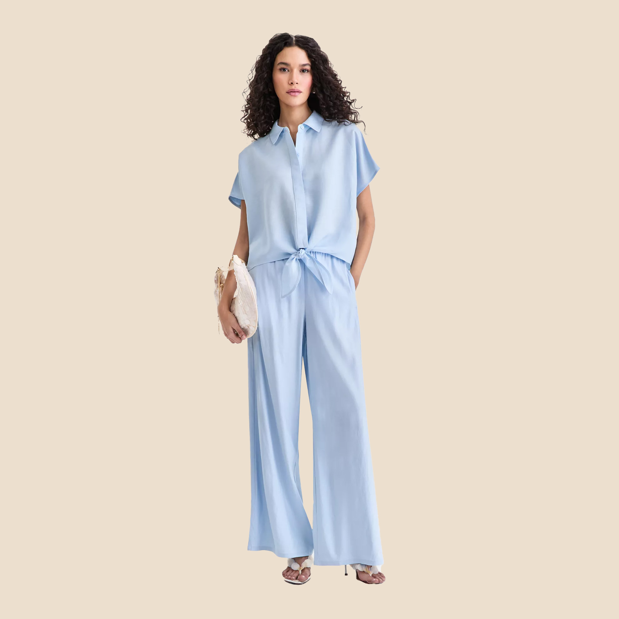 Woman in Memorial Day blue matching set