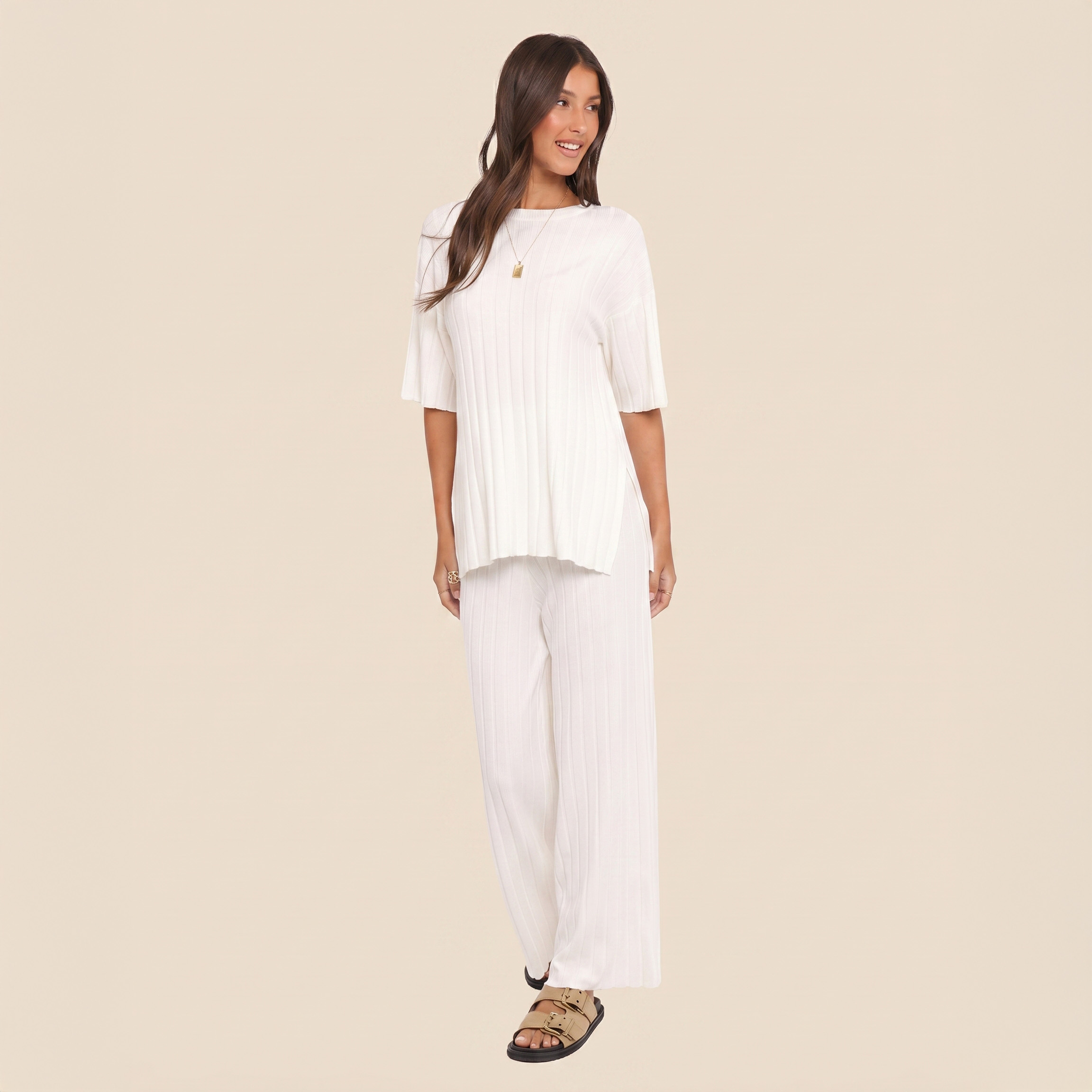 Woman in Memorial Day travel matching knit set