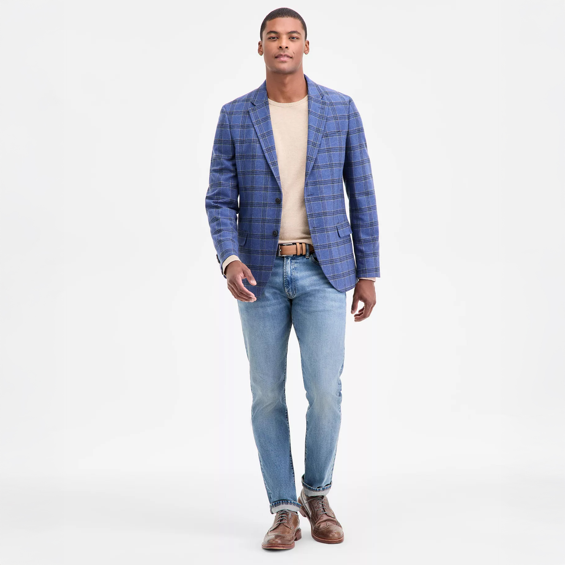 Men in blue plaid blazer and denim