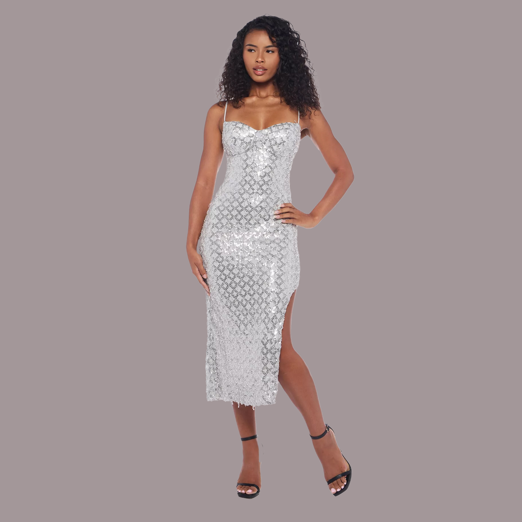 Woman in silver sequin dress