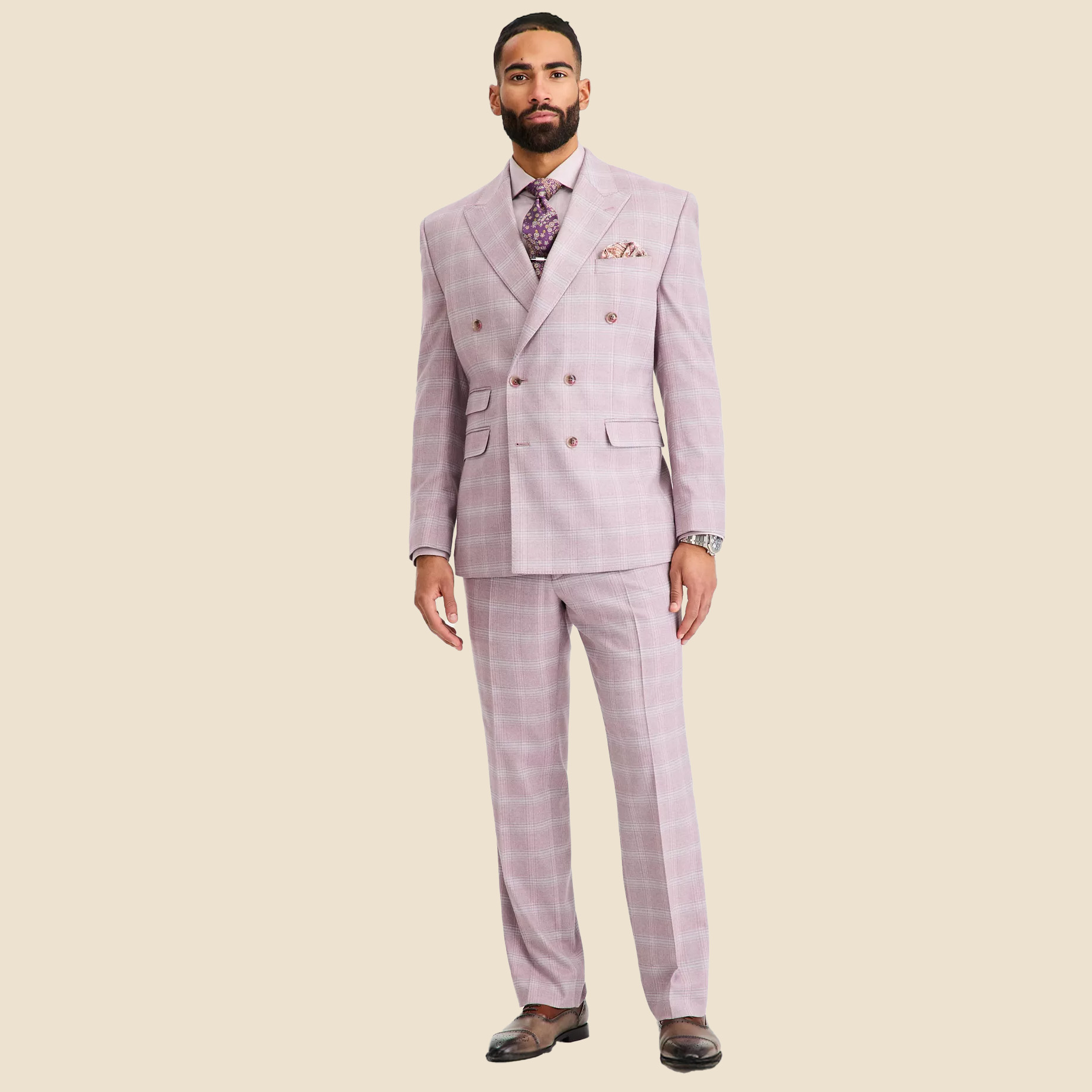 Man in spring wedding guest plaid suit