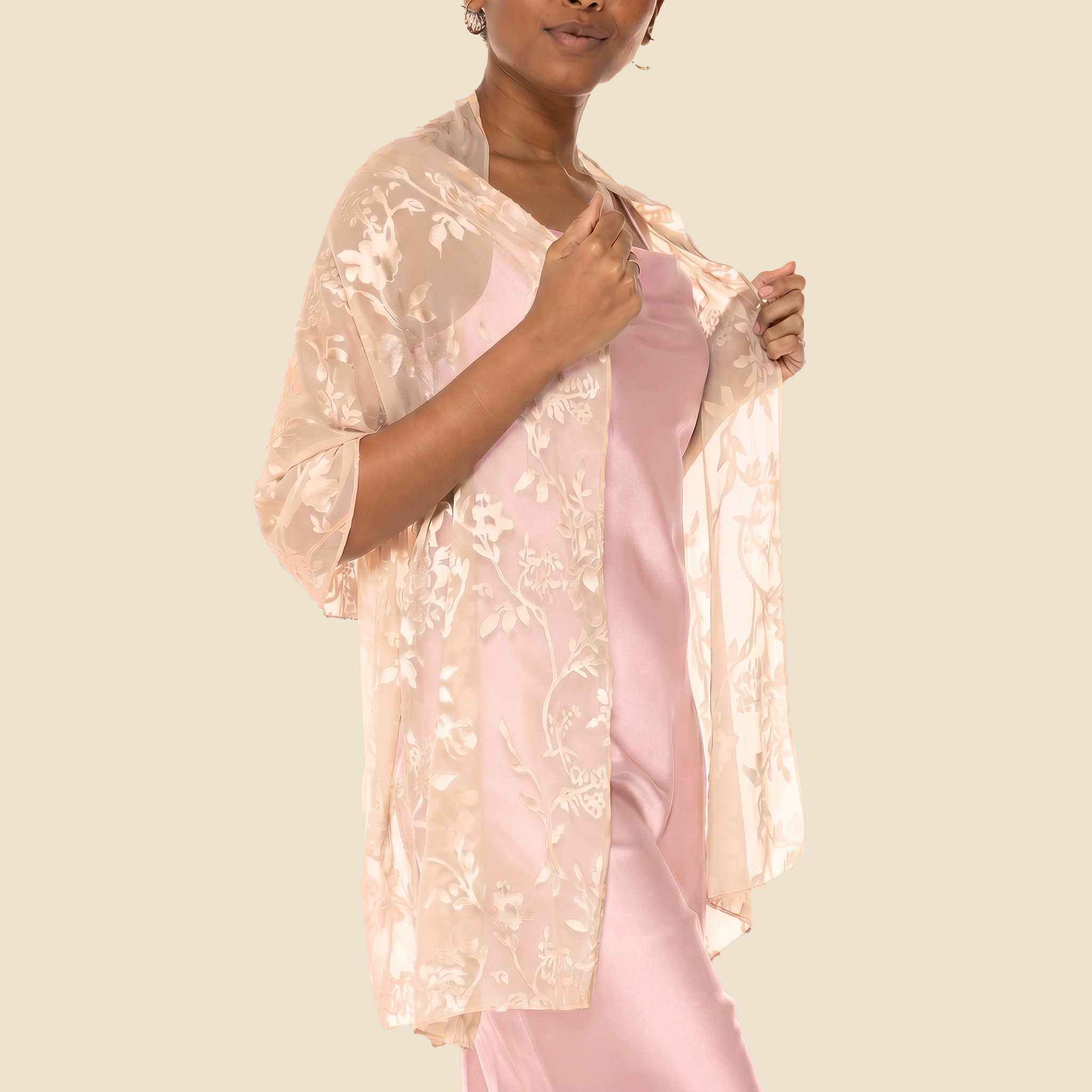 Woman in pink floral evening wrap