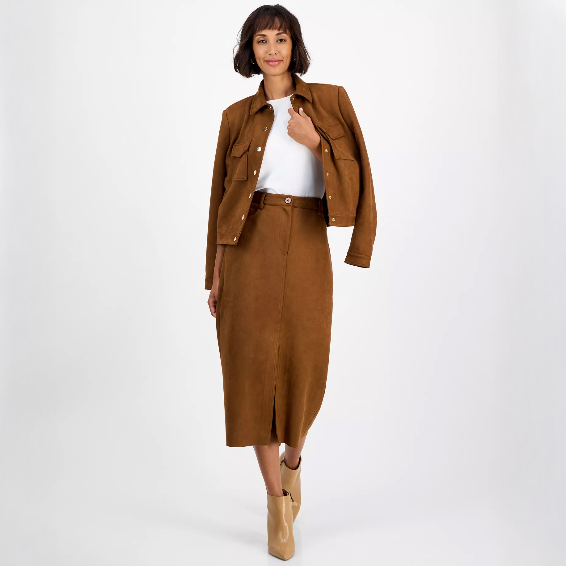 Woman in brown suese skirt