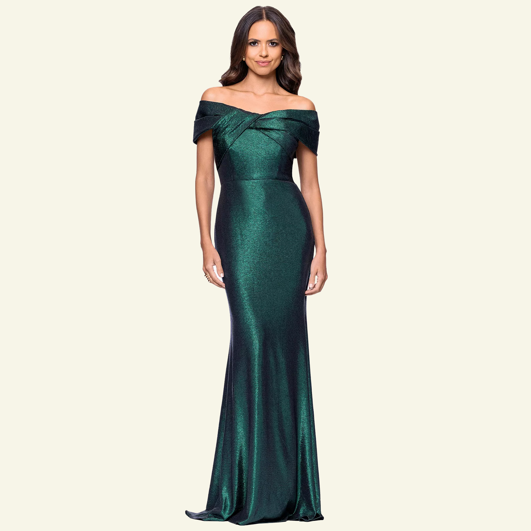 Emerald green shimmer off-the-shoulder gown