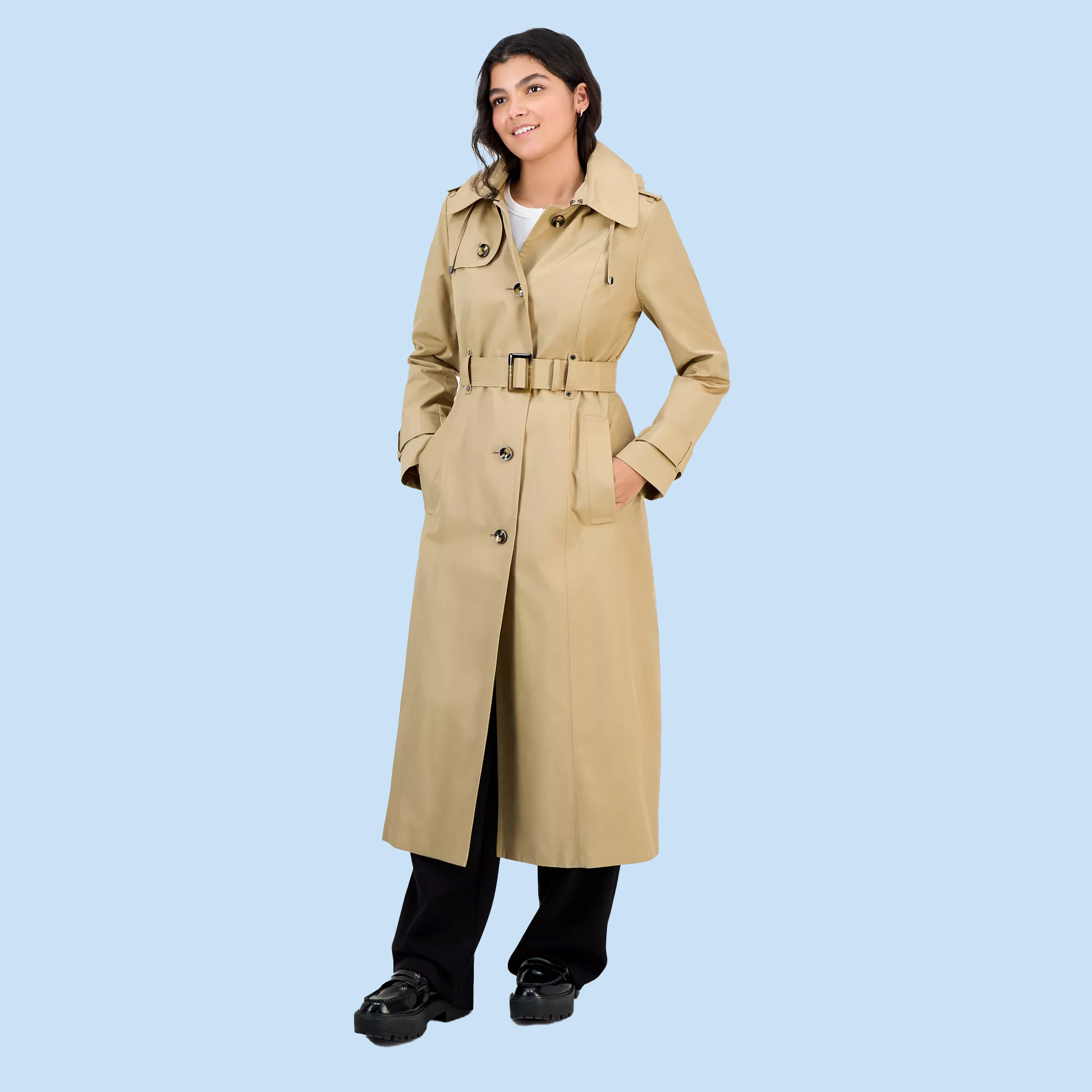 Woman in khaki trench coat