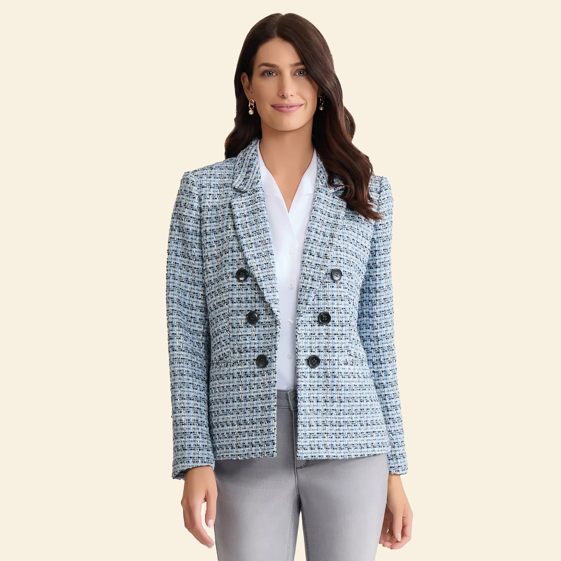 Woman in blue tweed blazer