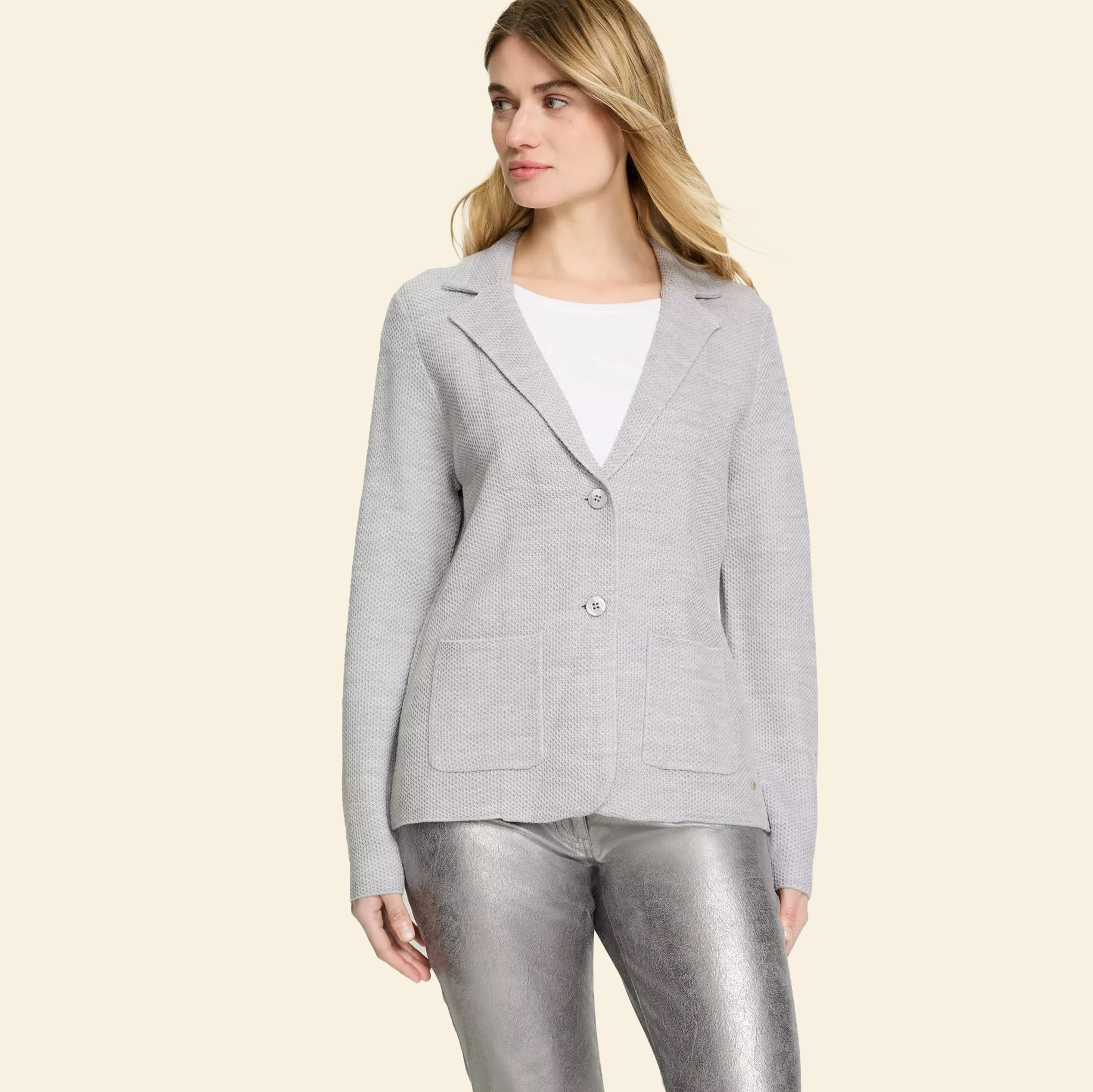 Woman in grey wool blazer